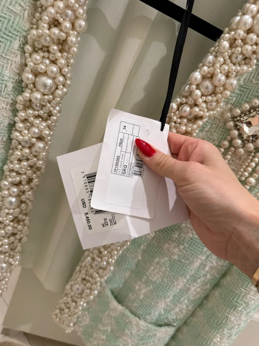 Balmain Mint Green Pearl-Trim Tweed Blazer - Picture 3 of 7